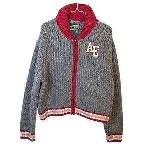 American Eagle Grey White and Red Bomber Style Knit Sweater Size XL
